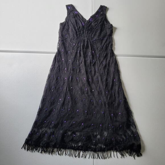 Y2K Black lace Whimsigoth Goth Dress Womens Small Beaded Fringe V Neck Party - Picture 1 of 14